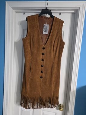 Brown Faux Suede Fringe Sleeveless Dress - PLEASE READ DESCRIPTION